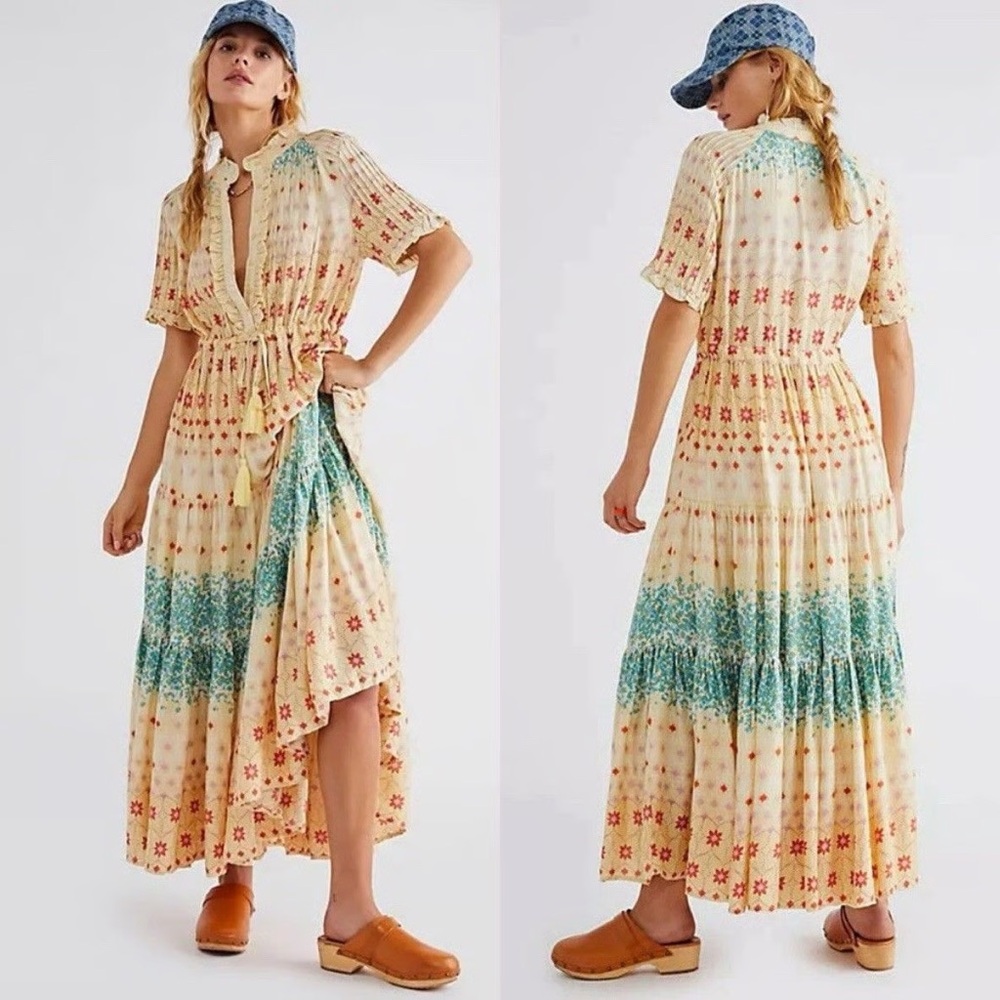 Free People Rare Feeling Tiered Maxi Dress in Cloud Combo size S